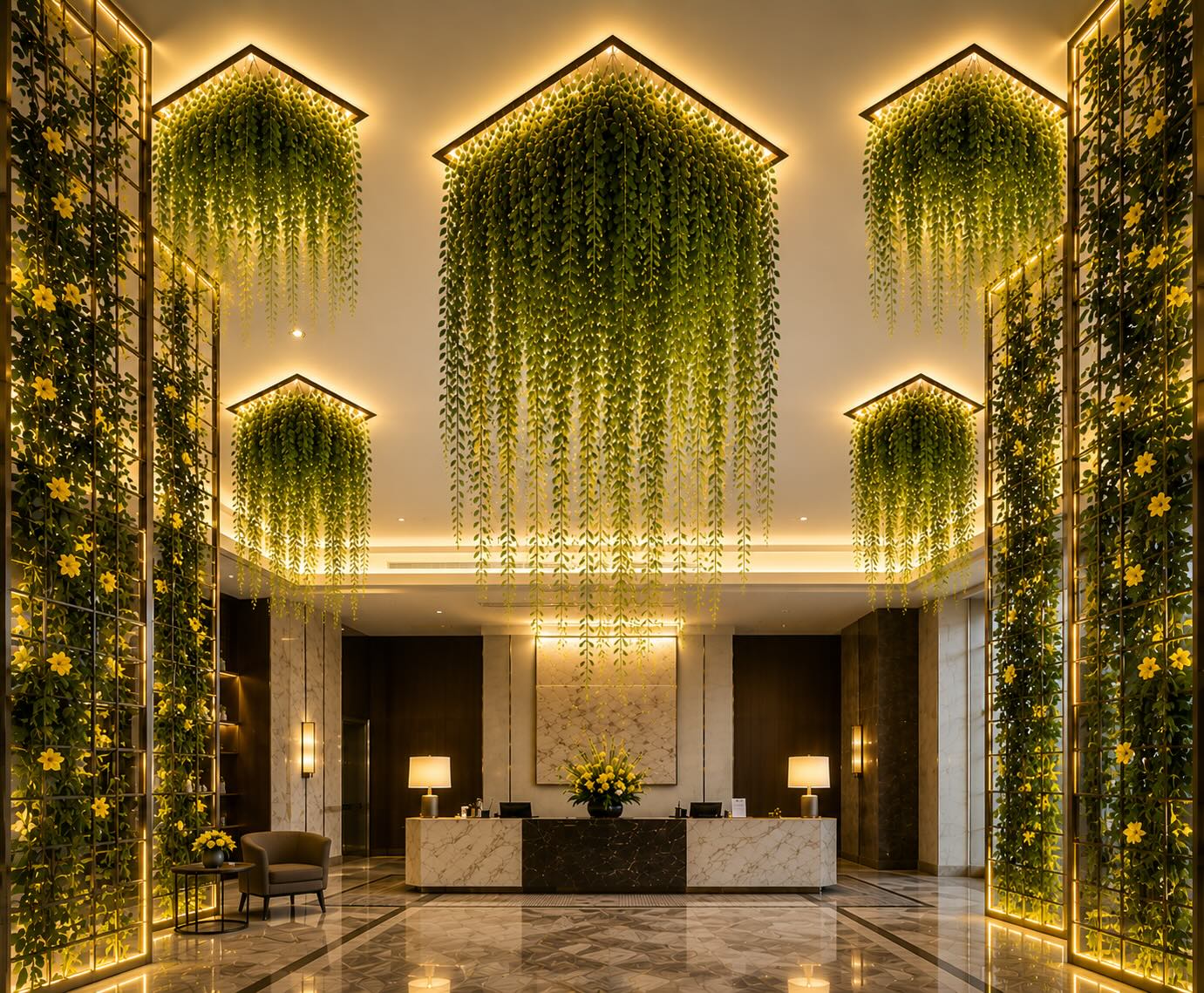 Luxury lobby with cascading greenery and illuminated floral walls