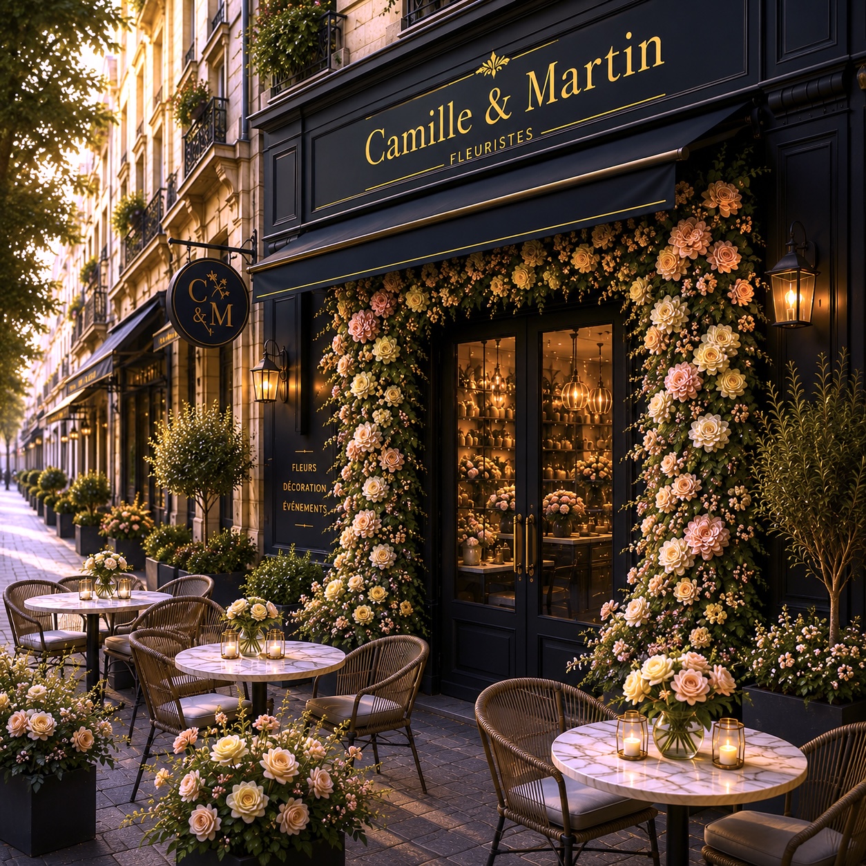 Boutique facade with pink floral entrance decor and outdoor cafe tables