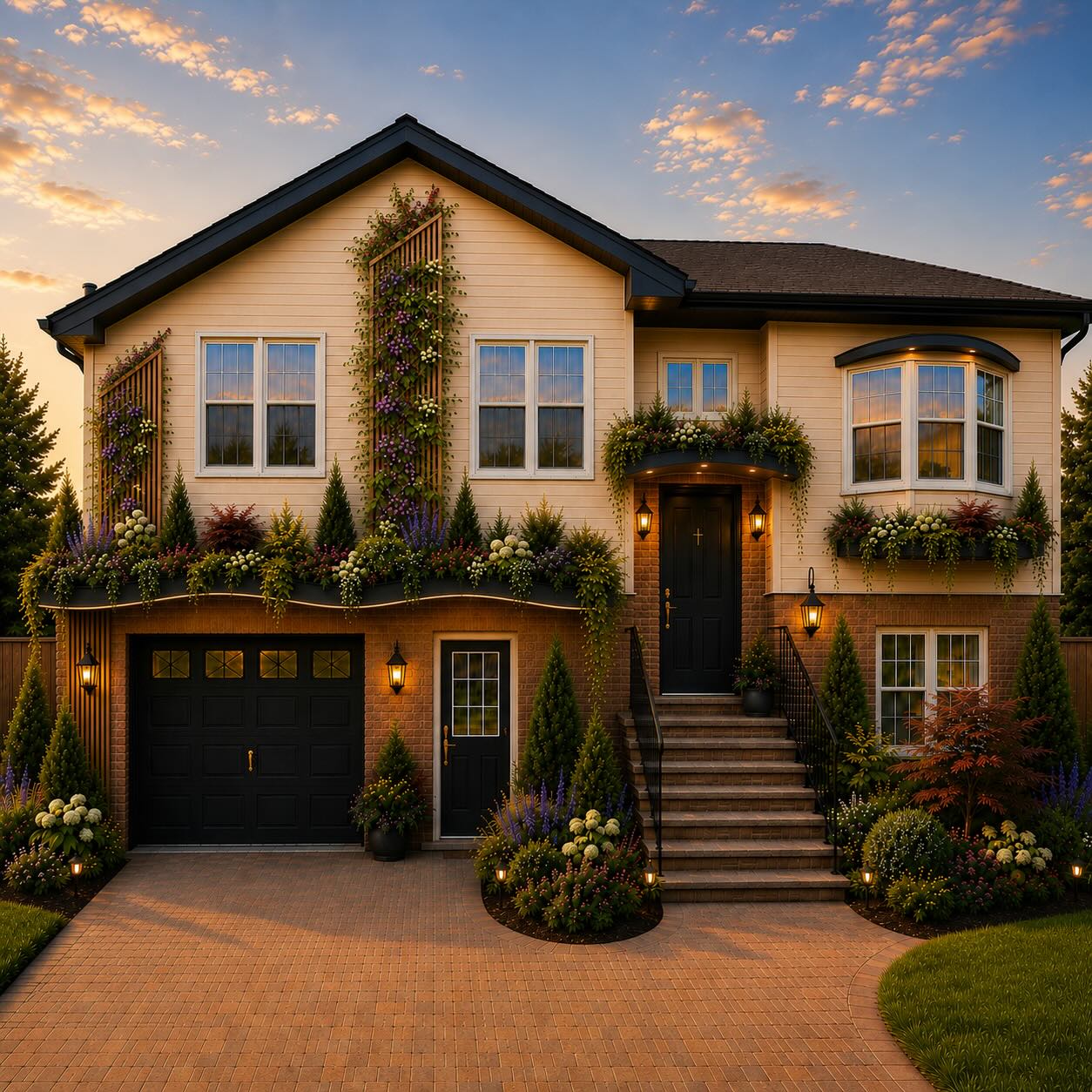 Residential facade with warm lighting, lush balcony greenery, and evening landscaping