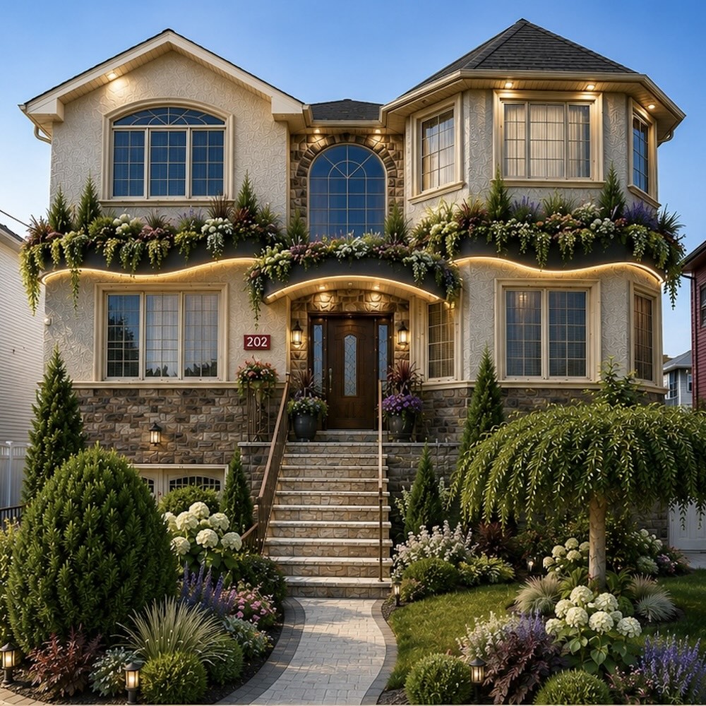 Residential entrance with illuminated balcony greenery and manicured floral landscaping