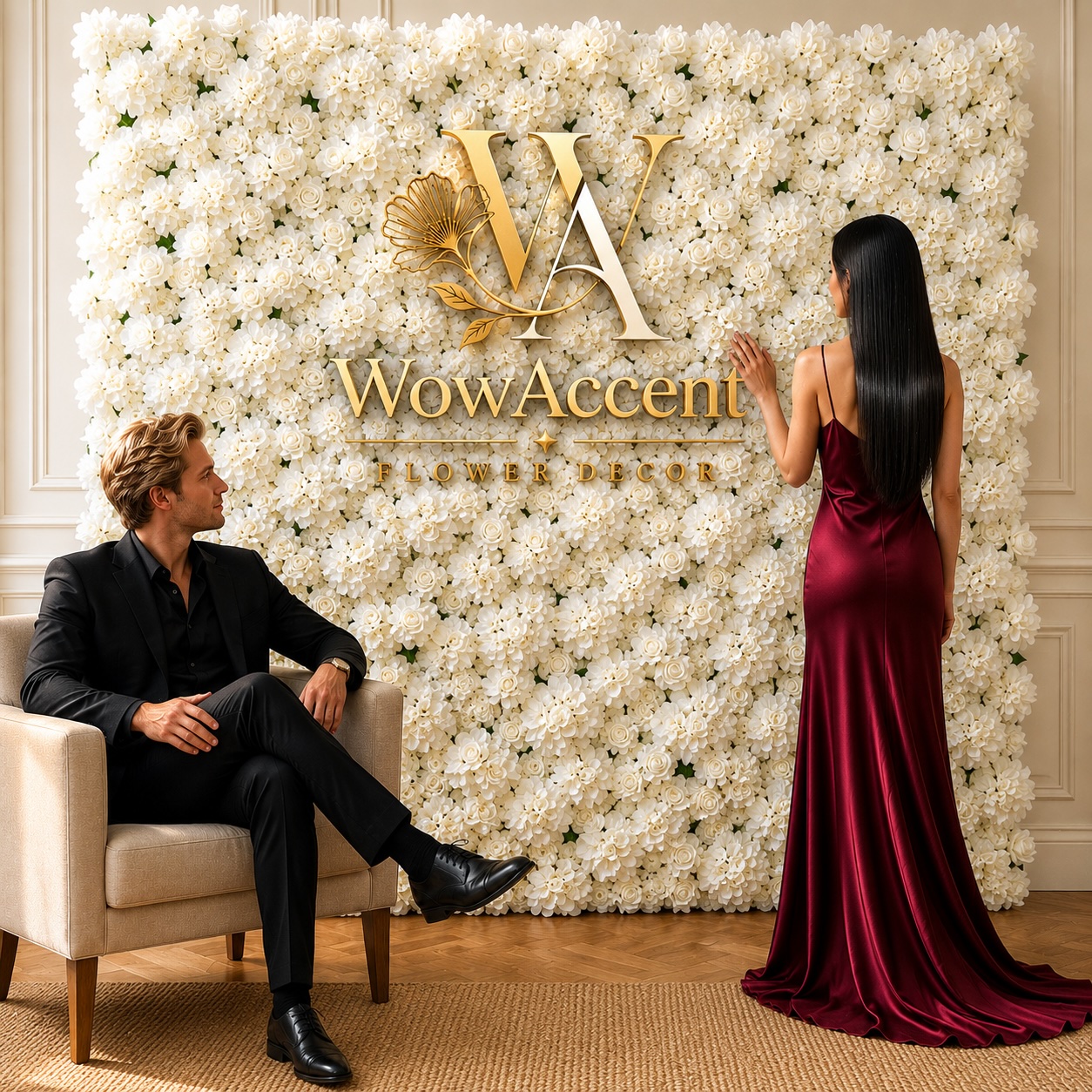WowAccent floral wall with guests in an elegant event interior