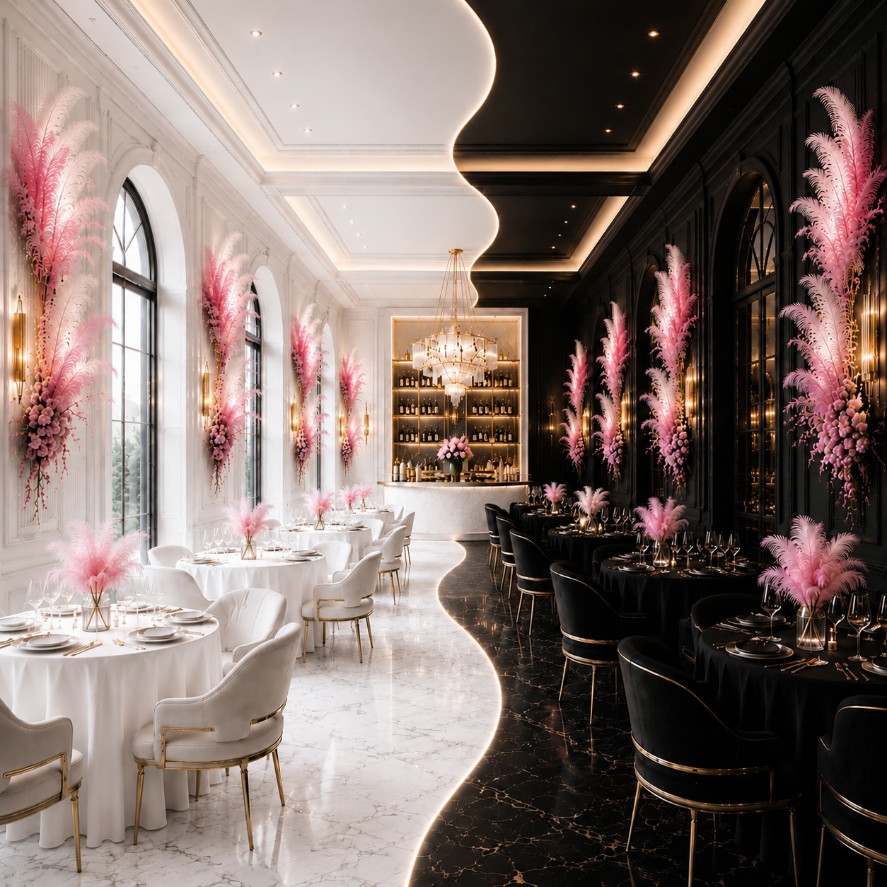 Restaurant interior with pink feather floral arrangements and split light design