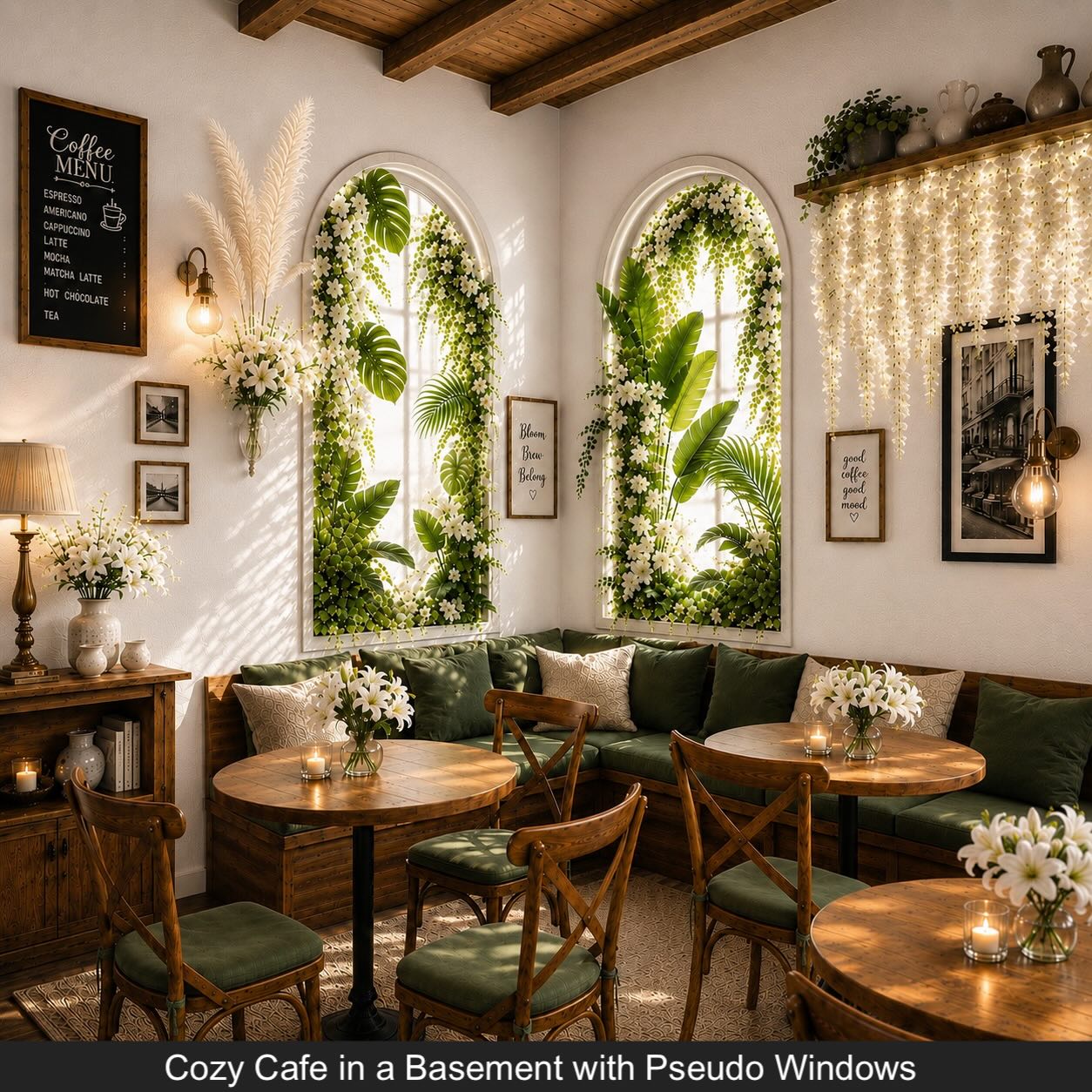 Cozy cafe interior with floral window decor and warm wooden tables