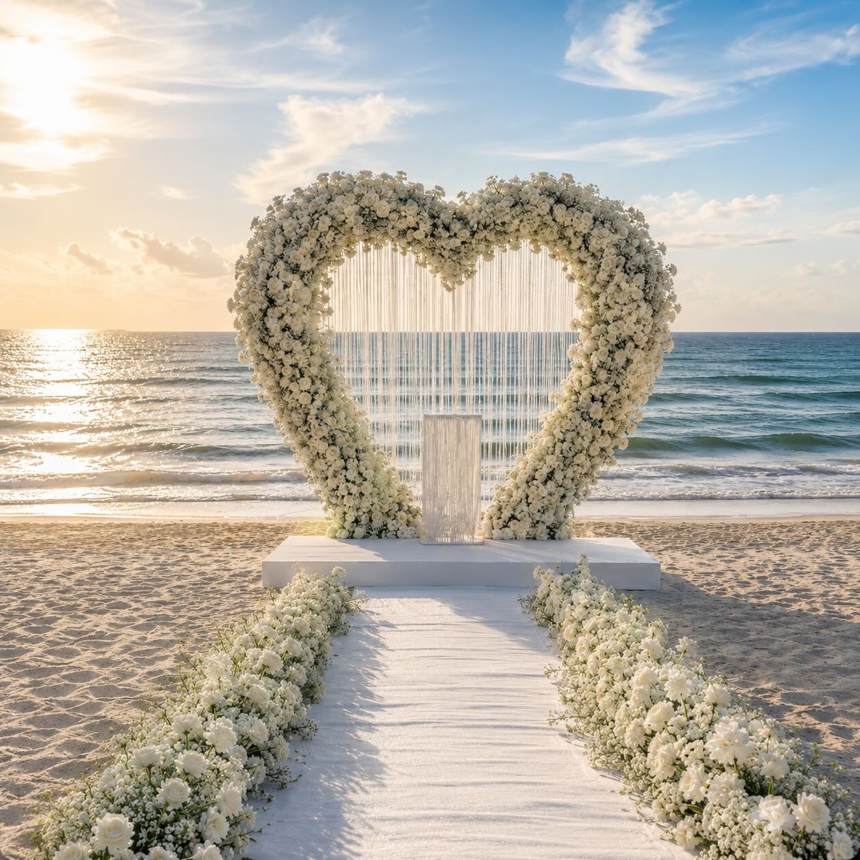 Beach ceremony setup with white heart-shaped floral arch by the ocean