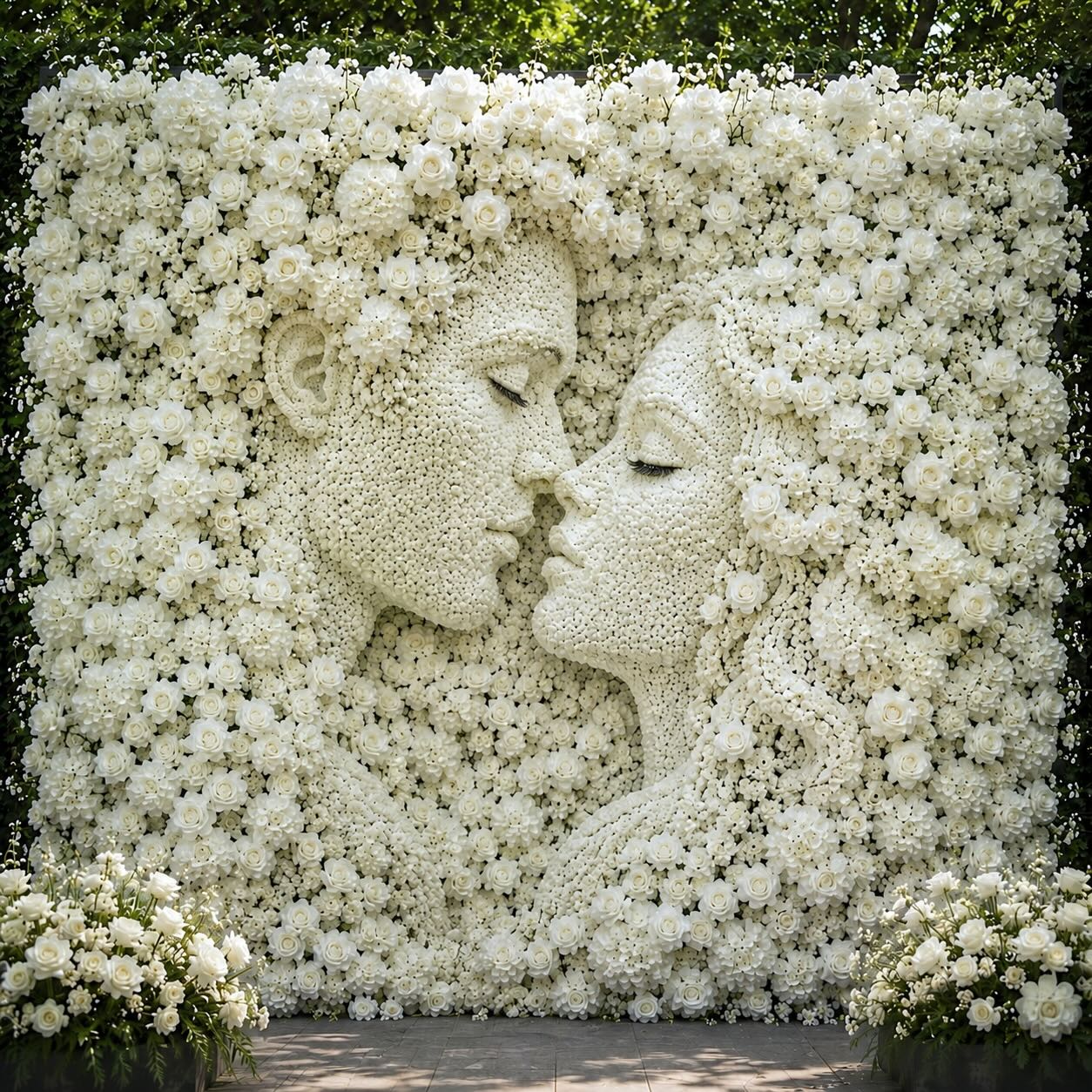White floral bespoke decor wall with sculptural faces