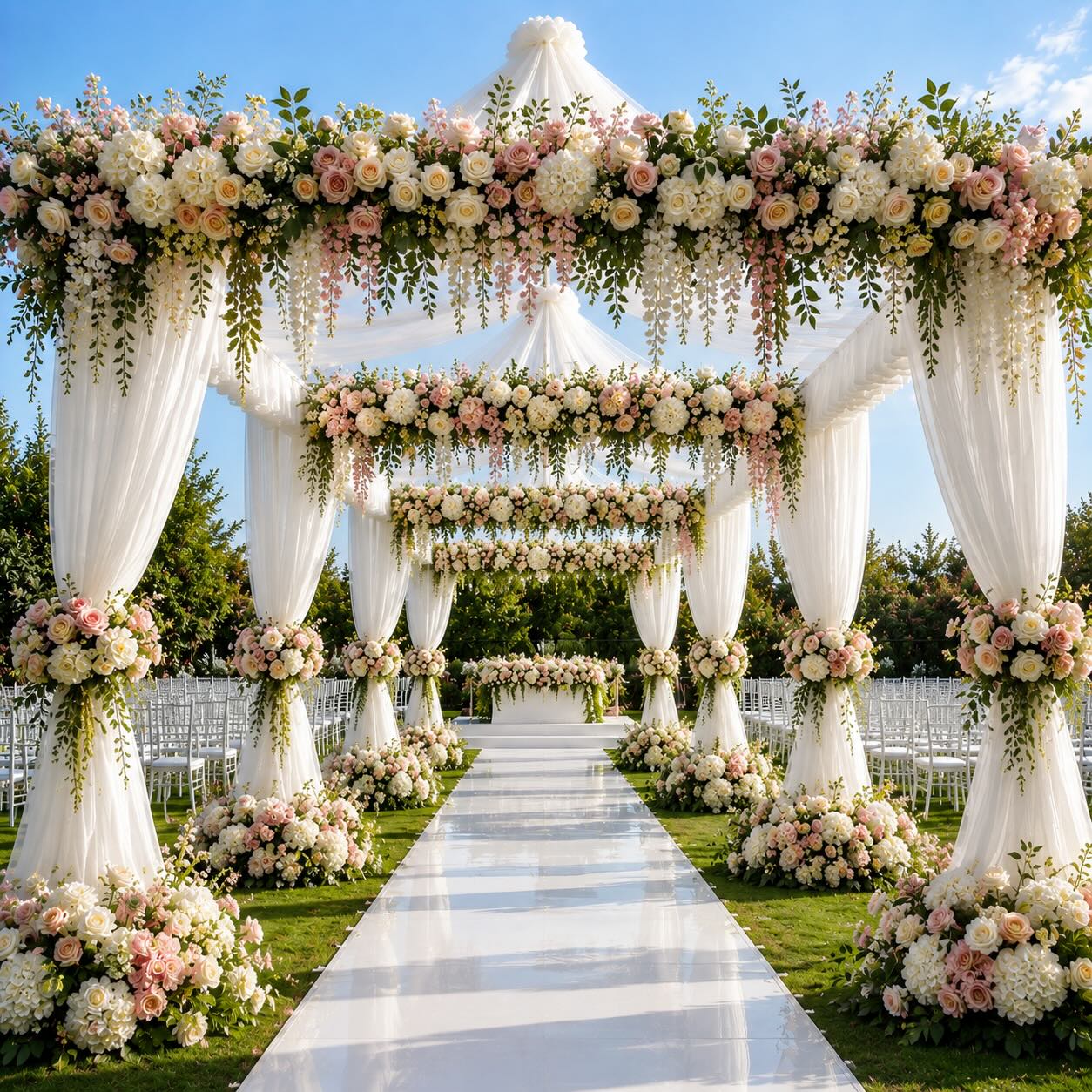 Outdoor wedding aisle with white drapery and pastel floral garlands