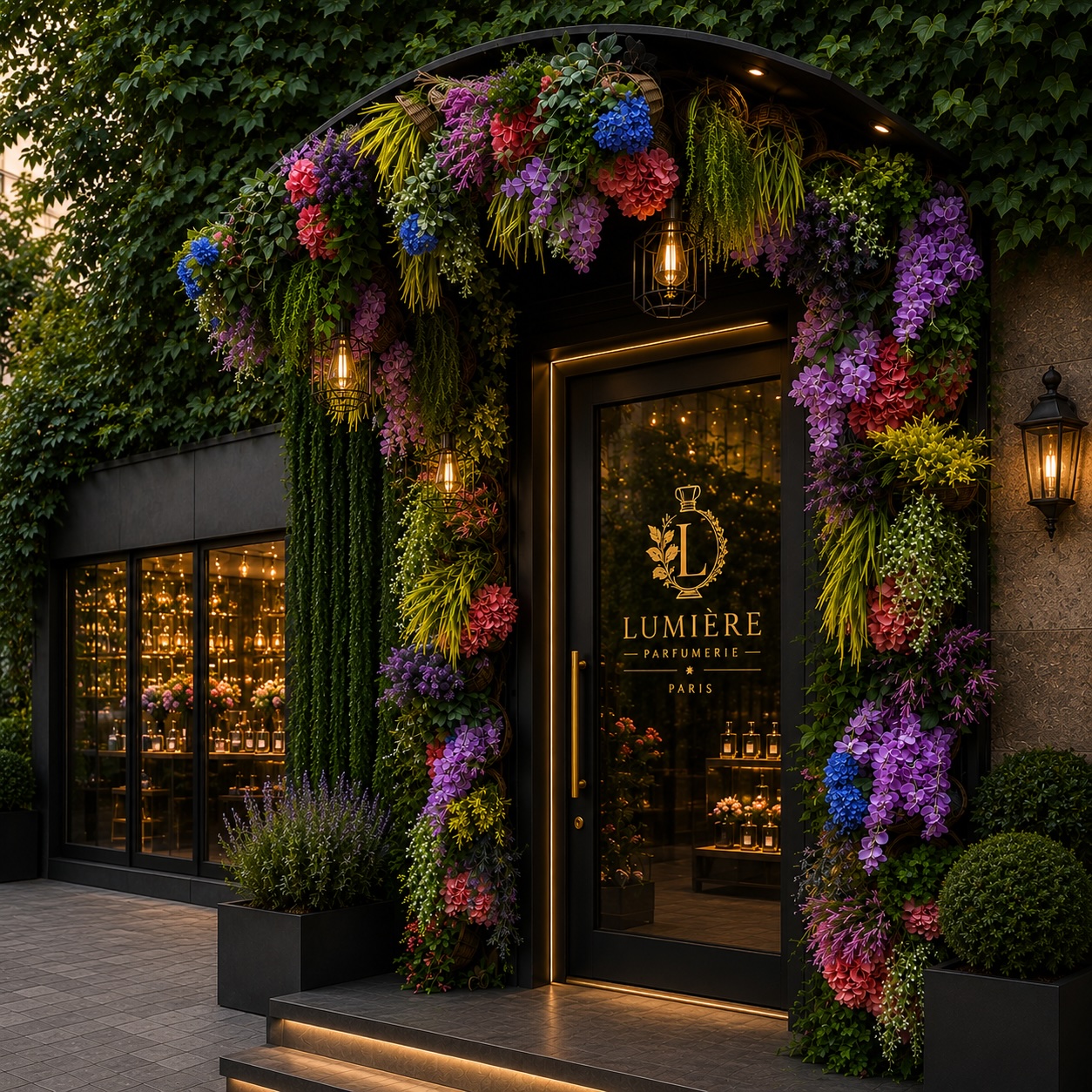 Square floral facade decor around a boutique entrance